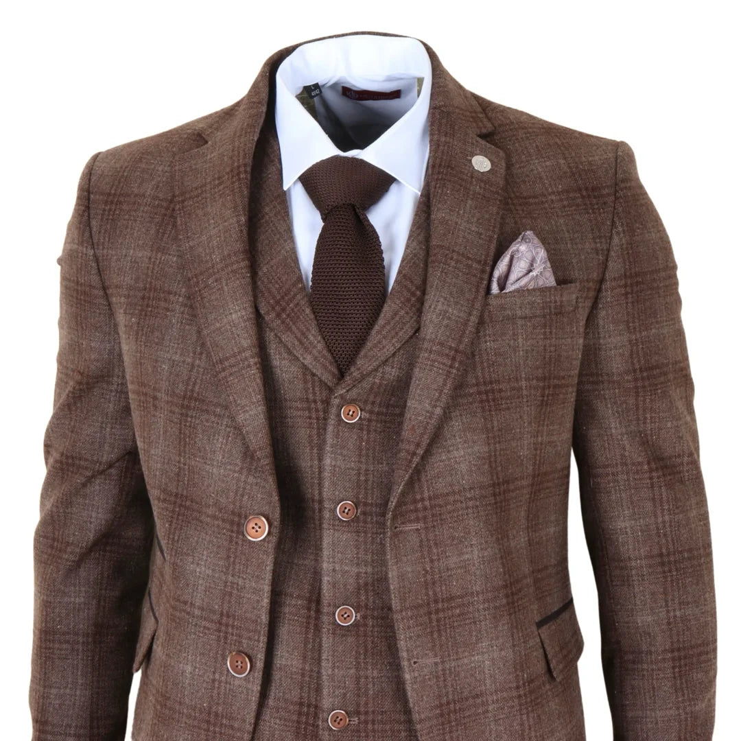 Brauner Tweed-Anzug für Herren, dreiteilig, kariert
