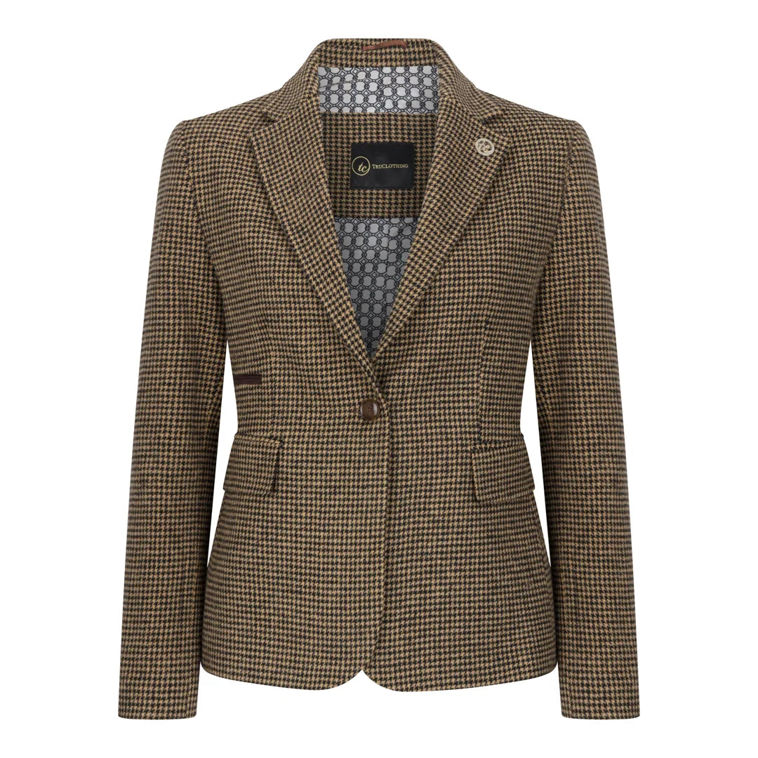 TPW-20 – Damenblazer aus braunem Tweed-Wollmischgewebe mit Hahnentrittmuster