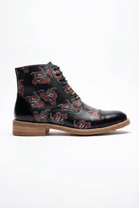 Adam – Schwarze Oxford-Stiefel aus Leder mit Blumen- und Totenkopf-Print für Herren