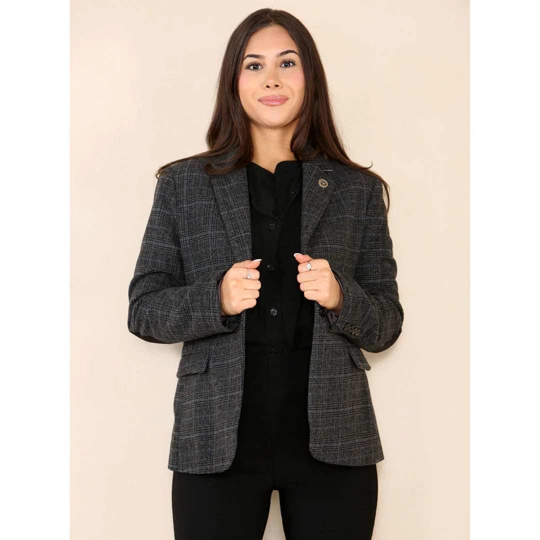 Grauer Damen-Tweed-Karo-Blazer-Anzug