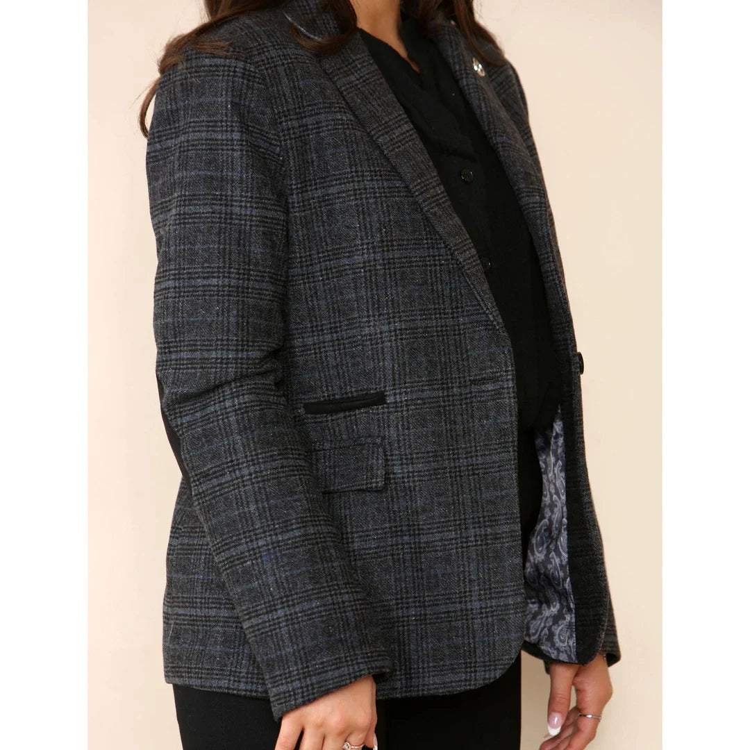 Grauer Damen-Tweed-Karo-Blazer-Anzug