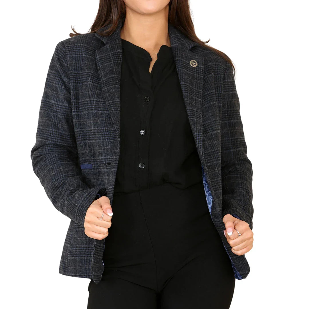 Damen-Tweed-Karo-Blazer, blauer Anzug