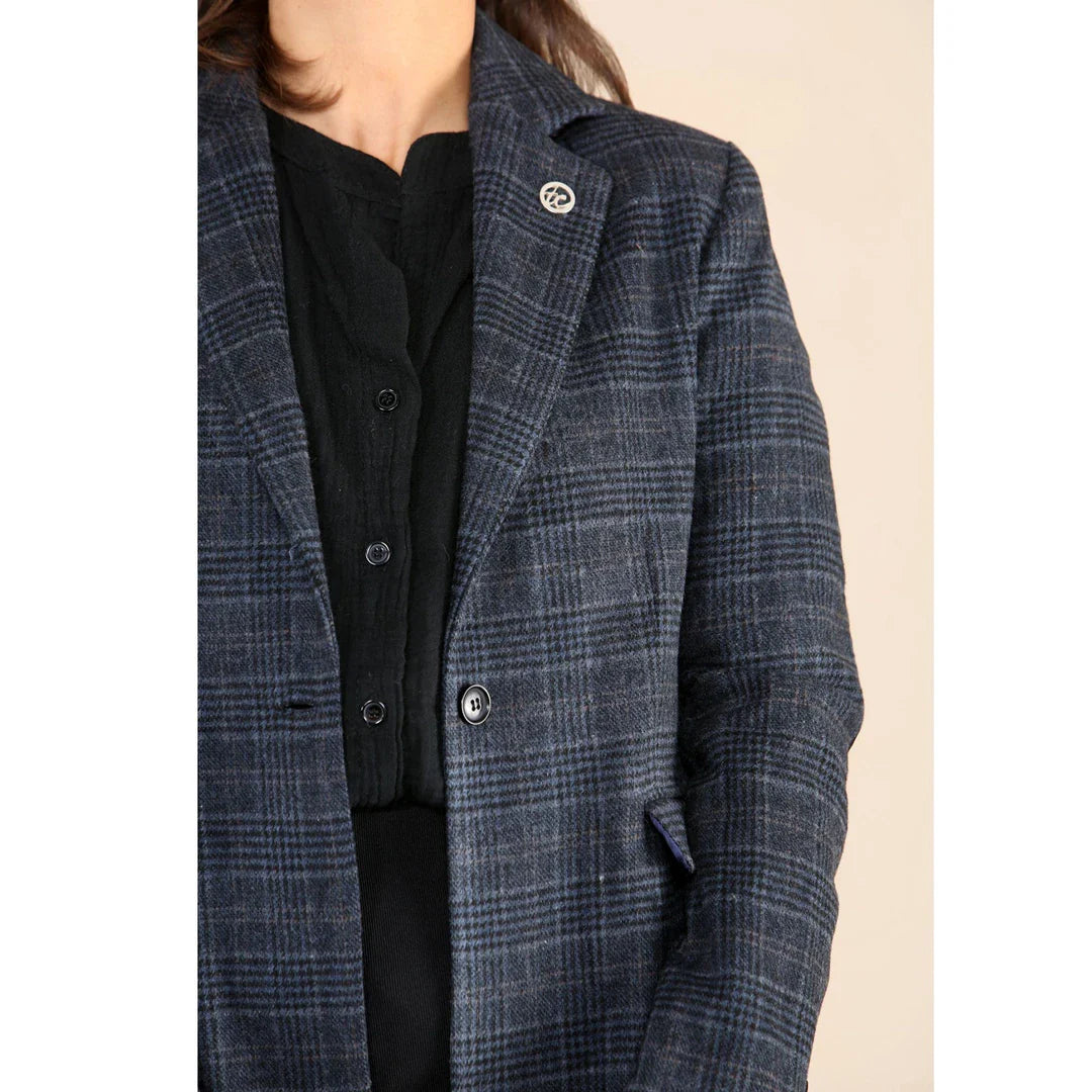 Damen-Tweed-Karo-Blazer, blauer Anzug