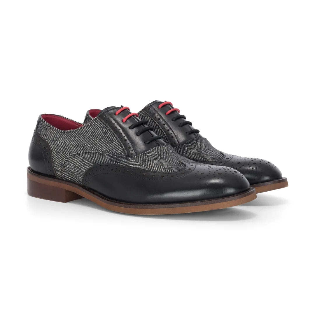 Albert - Schwarze Herren-Brogueschuhe aus Leder mit Tweed-Details