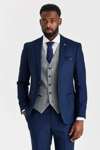 Arthur-Anzug in Marineblau mit kontrastierender Tweedweste in Harris-Grau