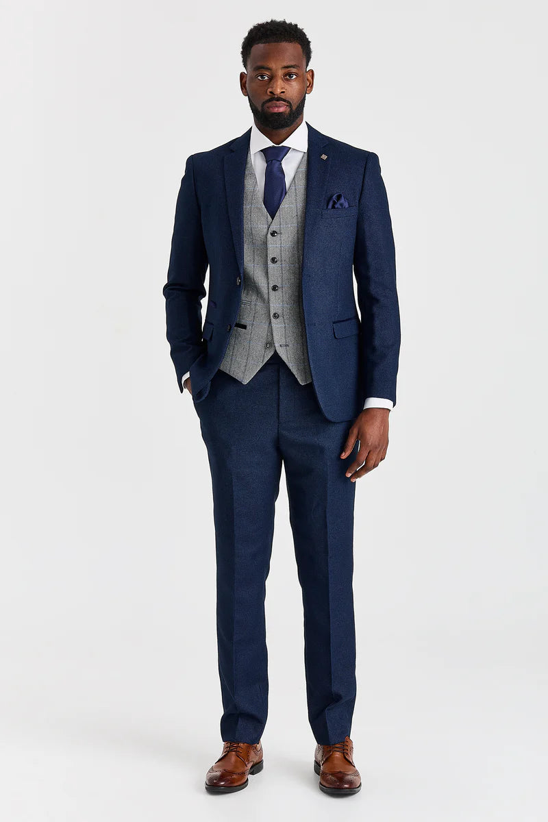 Arthur-Anzug in Marineblau mit kontrastierender Tweedweste in Harris-Grau