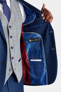 Arthur-Anzug in Marineblau mit kontrastierender Tweedweste in Harris-Grau