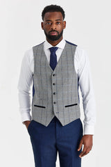 Arthur-Anzug in Marineblau mit kontrastierender Tweedweste in Harris-Grau