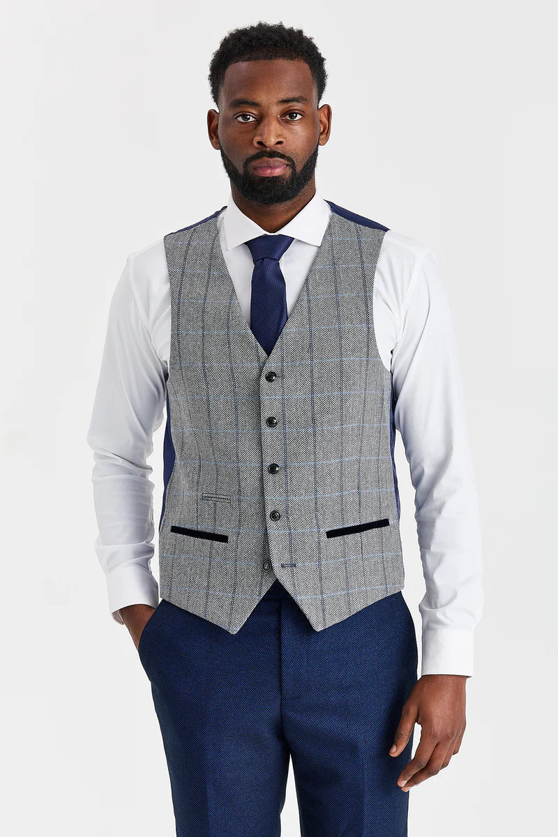 Arthur-Anzug in Marineblau mit kontrastierender Tweedweste in Harris-Grau