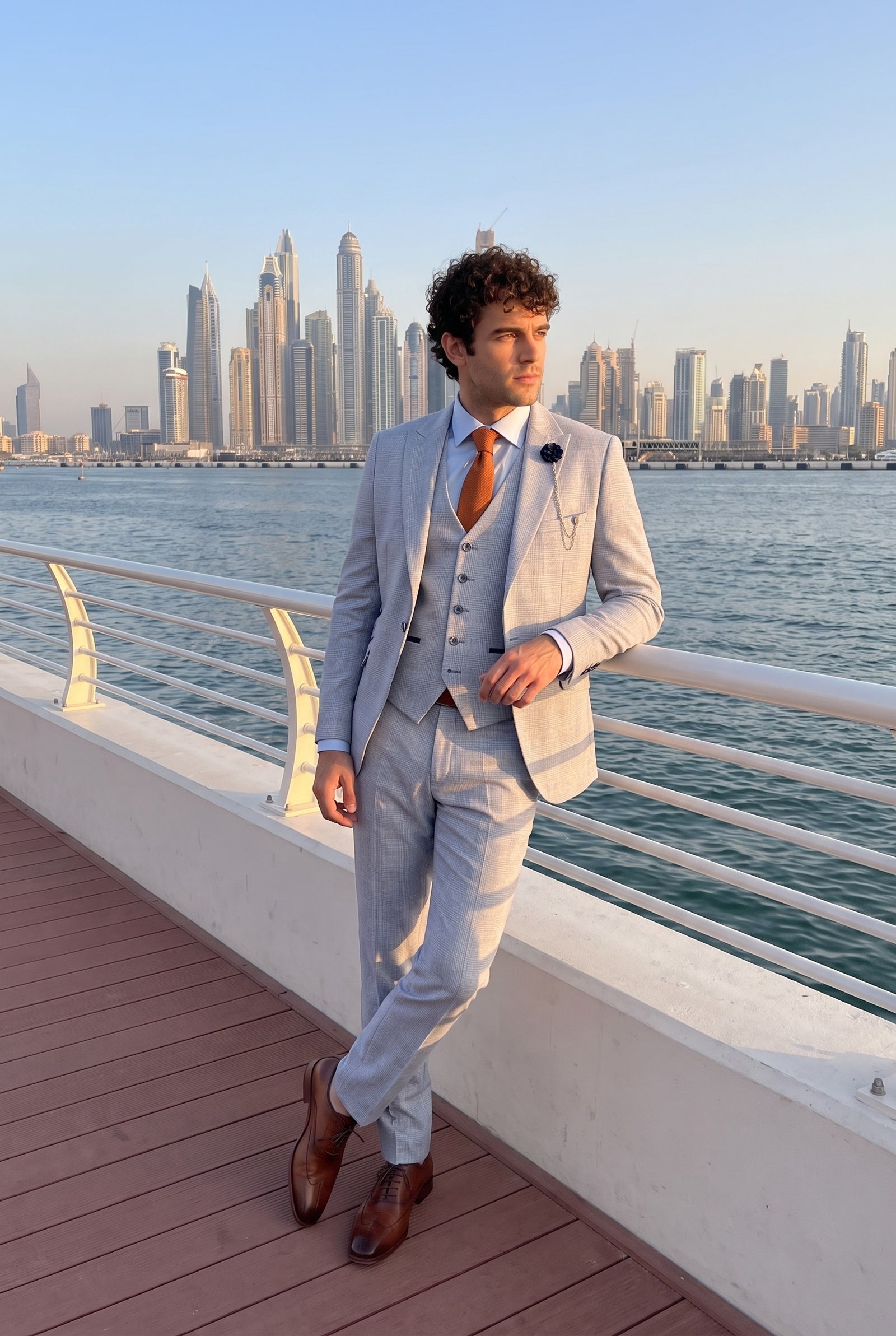 Look #1008 styled with Herrenanzug 3-teilig kariert Tweed Hellblau Tailored Fit Hochzeit Peaky Classic