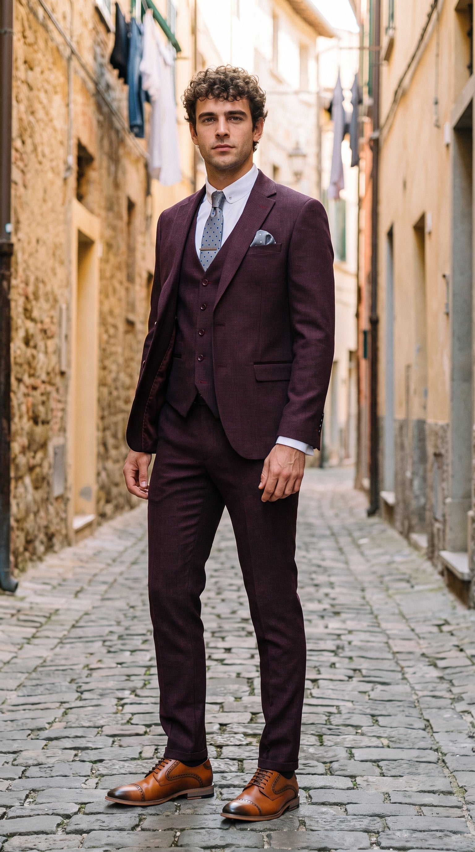 Look #310 styled with Regent - Weinroter 3-teiliger Prince of Wales-Karoanzug für Herren