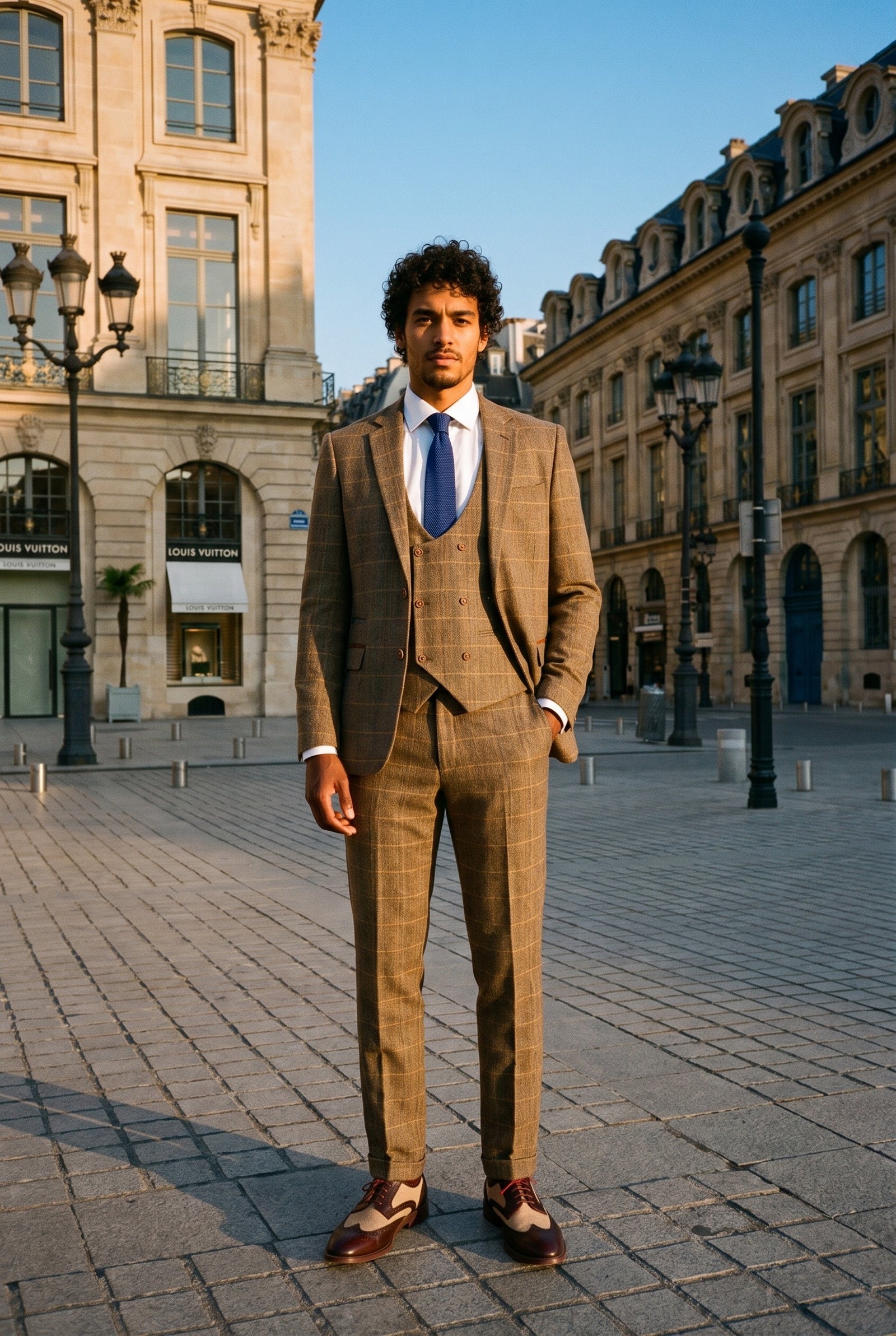 Look #983 styled with Herrenanzug, 3-teilig, Fischgrätenmuster, Tweed, hellbraun, kariert, maßgeschneiderte Passform, doppelt klassisch