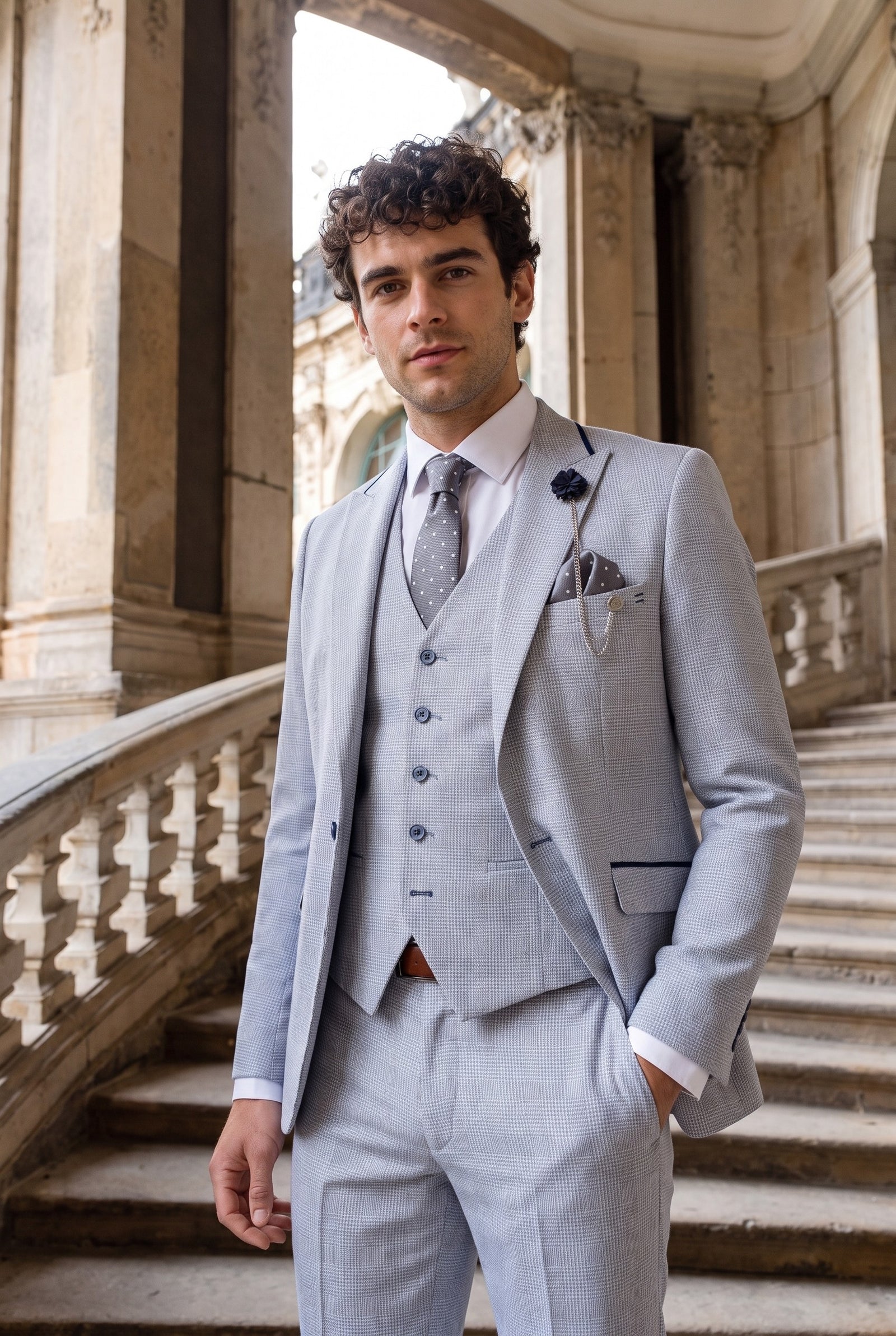 Look #950 styled with Herrenanzug 3-teilig kariert Tweed Hellblau Tailored Fit Hochzeit Peaky Classic