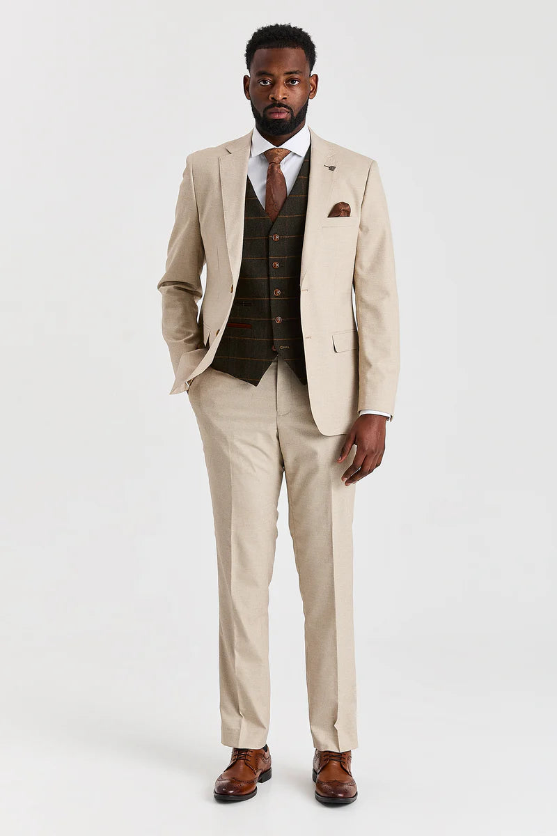 Belmont Beige Anzug mit Harris Green Tweed Weste