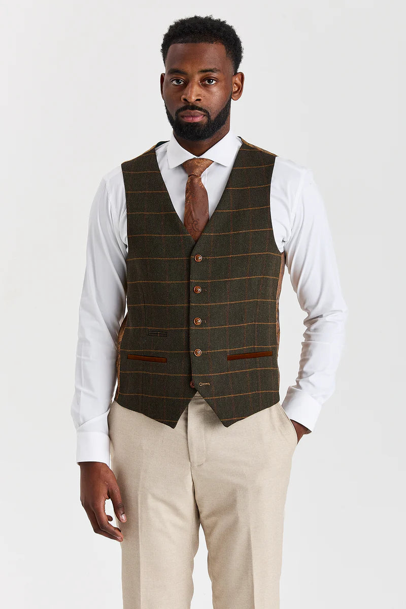 Belmont Beige Anzug mit Harris Green Tweed Weste