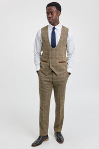 Herrenanzug, 3-teilig, Fischgrätenmuster, Tweed, hellbraun, kariert, maßgeschneiderte Passform, doppelt klassisch