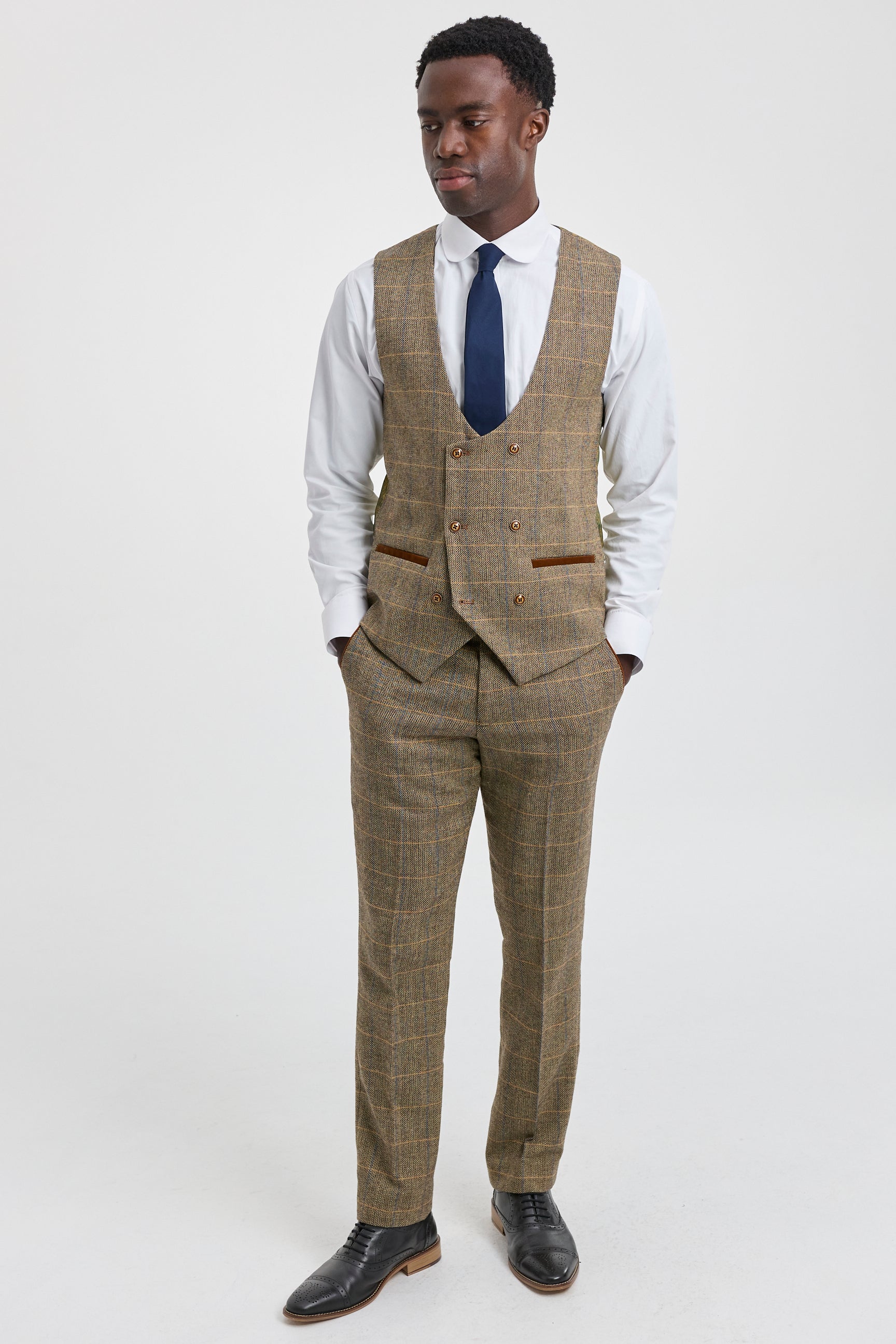 Herrenanzug, 3-teilig, Fischgrätenmuster, Tweed, hellbraun, kariert, maßgeschneiderte Passform, doppelt klassisch
