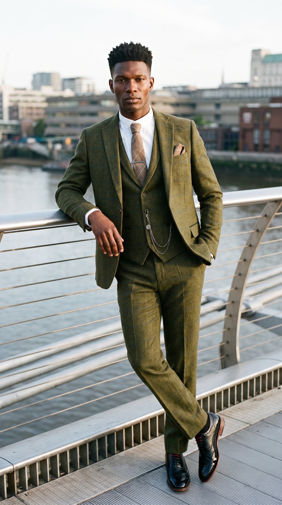 Look #715 styled with Herrenanzug 3-teilig Wolle Tweed Grün Blau Braun Kariert 1920er Jahre Gatsby