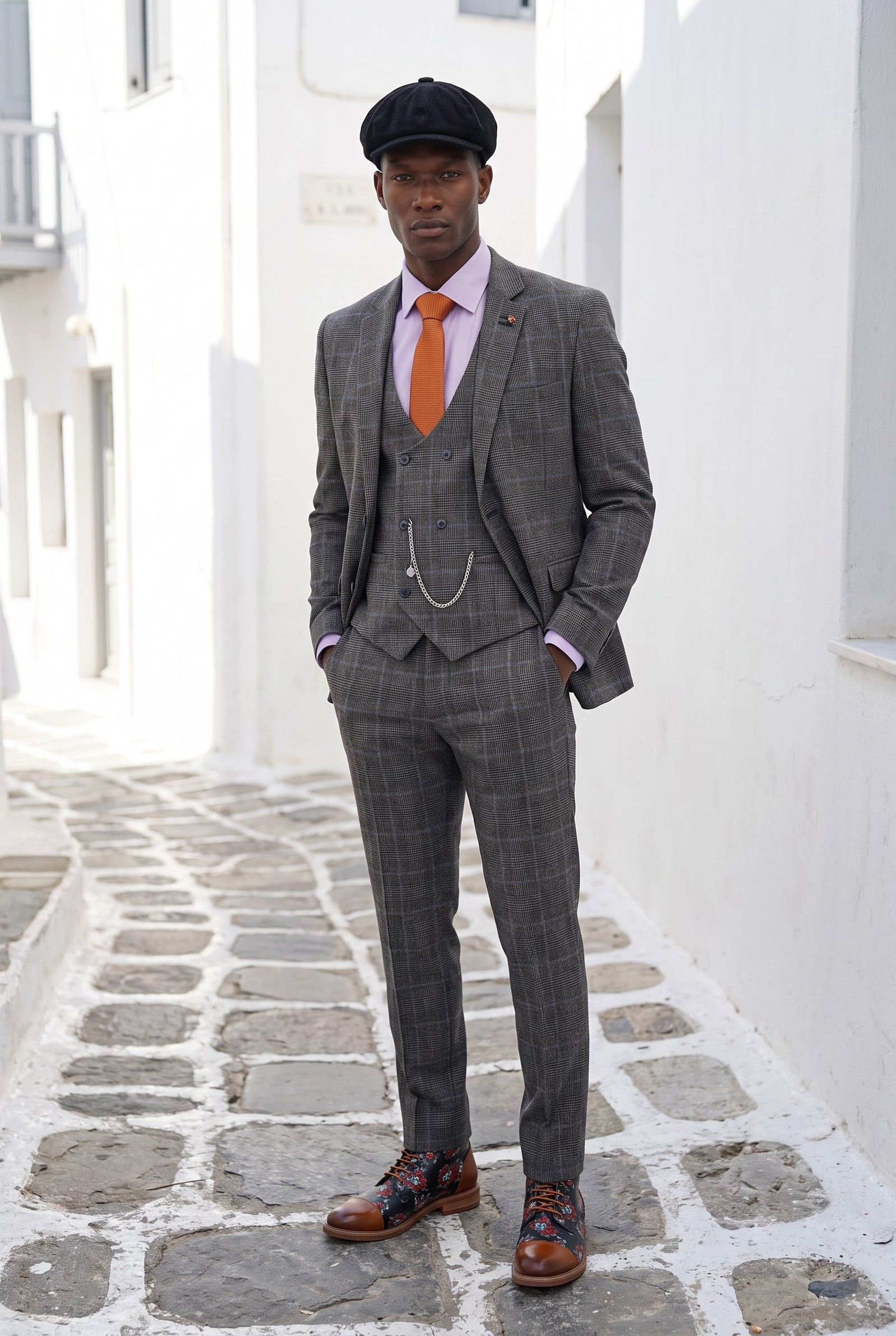 Look #994 styled with Cavani Power – Dreiteiliger Anzug mit Glencheck-Muster in Grau