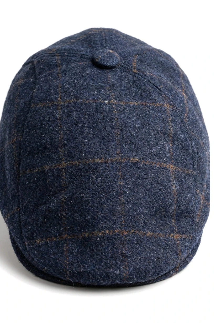 Cavani Kempson Schiebermütze – Herren Tweed Wolle Karo Grandad Hut Vintage – Olivgrün/Marineblau