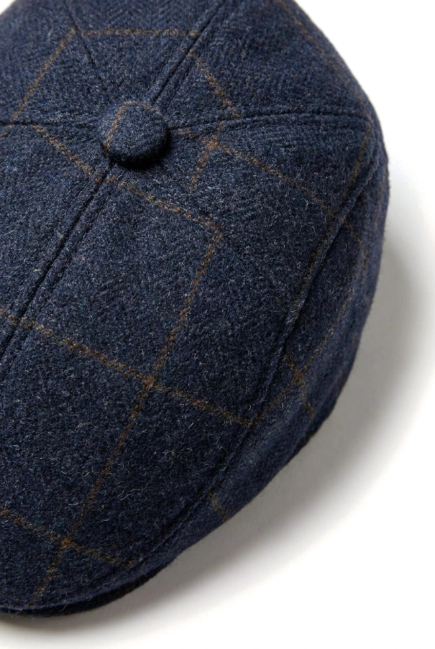 Cavani Kempson Schiebermütze – Herren Tweed Wolle Karo Grandad Hut Vintage – Olivgrün/Marineblau