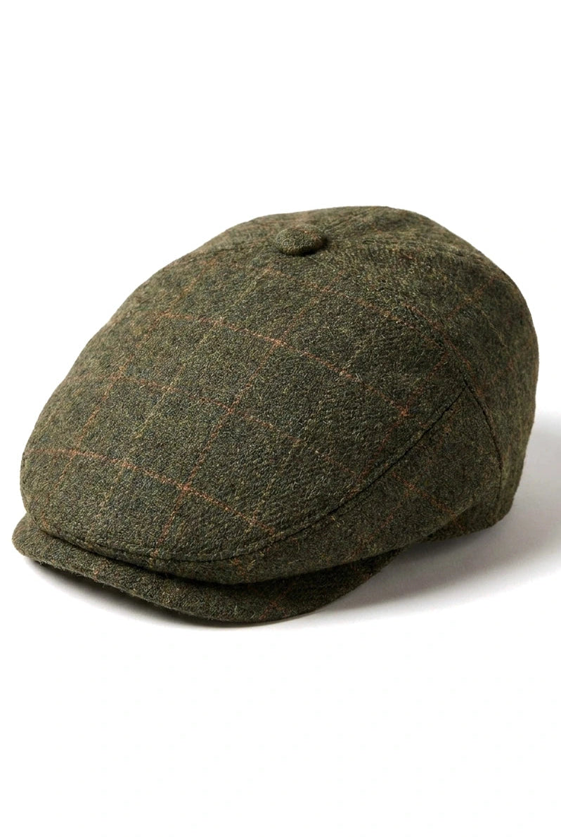 Cavani Kempson Schiebermütze – Herren Tweed Wolle Karo Grandad Hut Vintage – Olivgrün/Marineblau