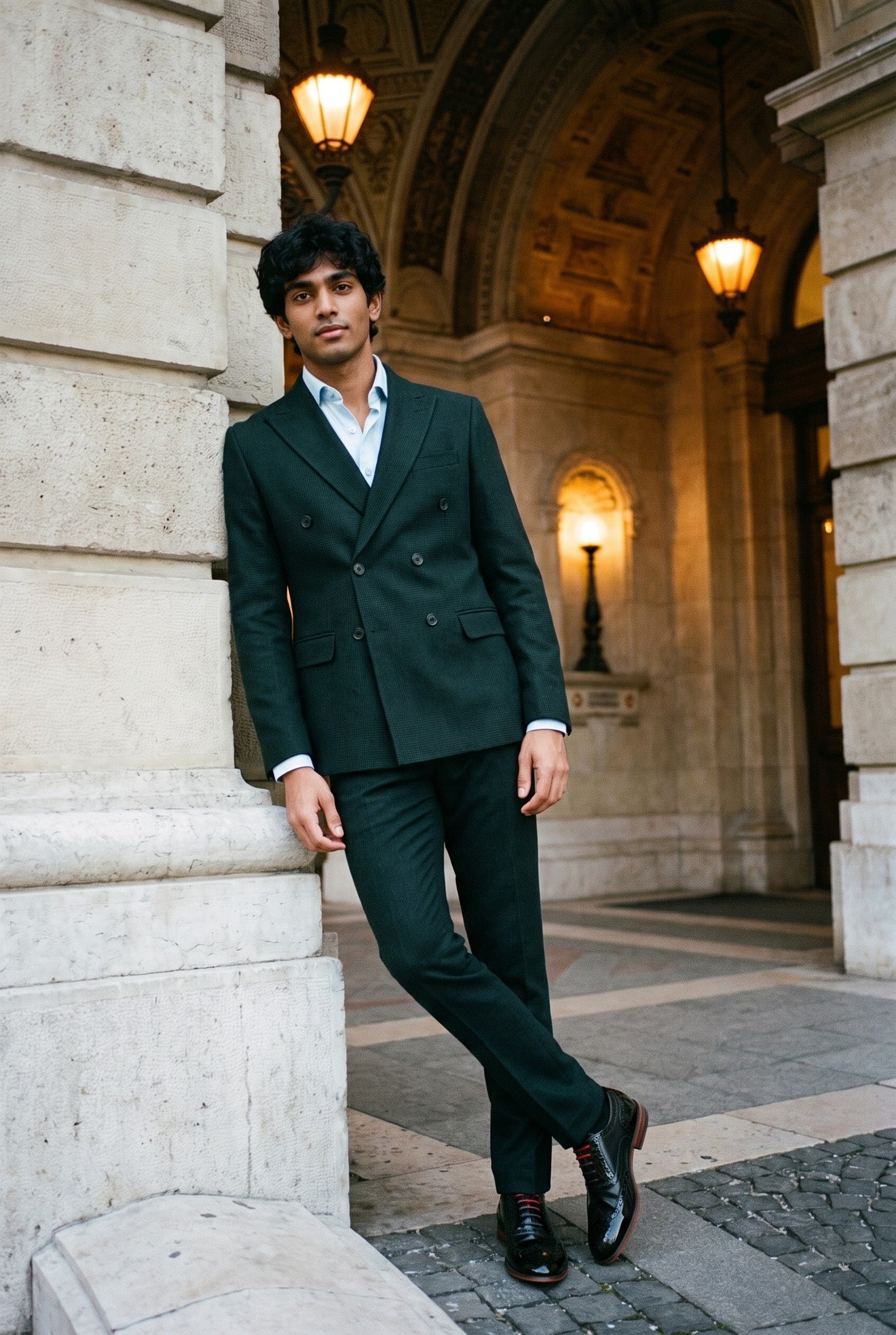 Look #588 styled with Regent – Grüner zweiteiliger Herrenanzug mit doppelter Knopfleiste