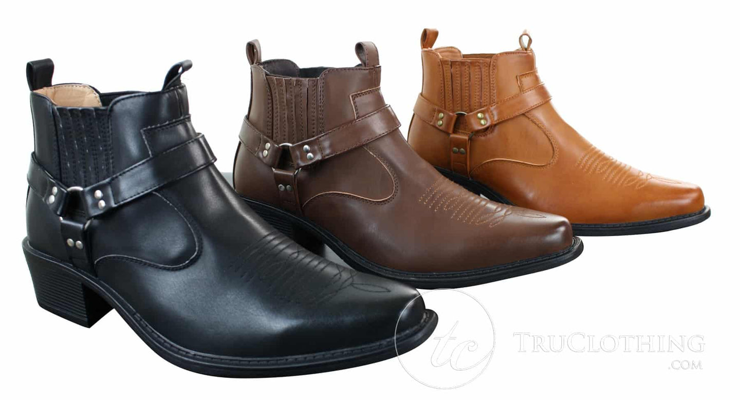 CLASSIQUE MBO 3136 Mens Tan Brown Black Ankle Boots Leather Slip On Cowboy Western Riding Buckle