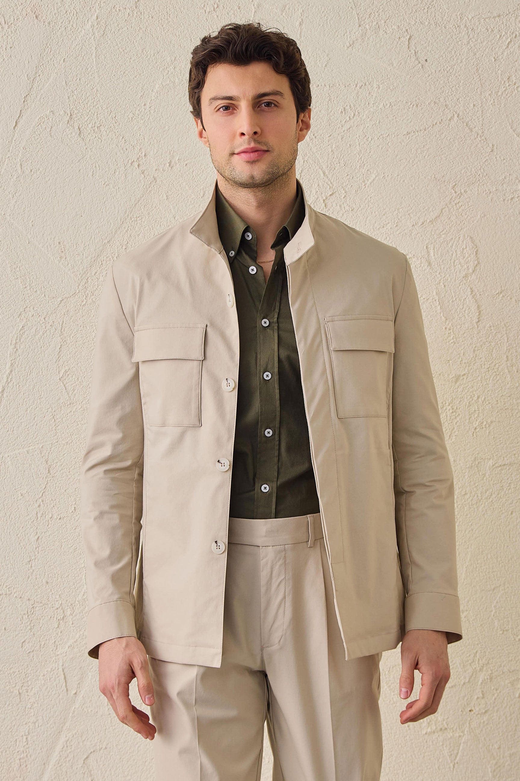 Beige Herren-Utility-Jacke, leichte Baumwollmischung, elegante Freizeitjacke