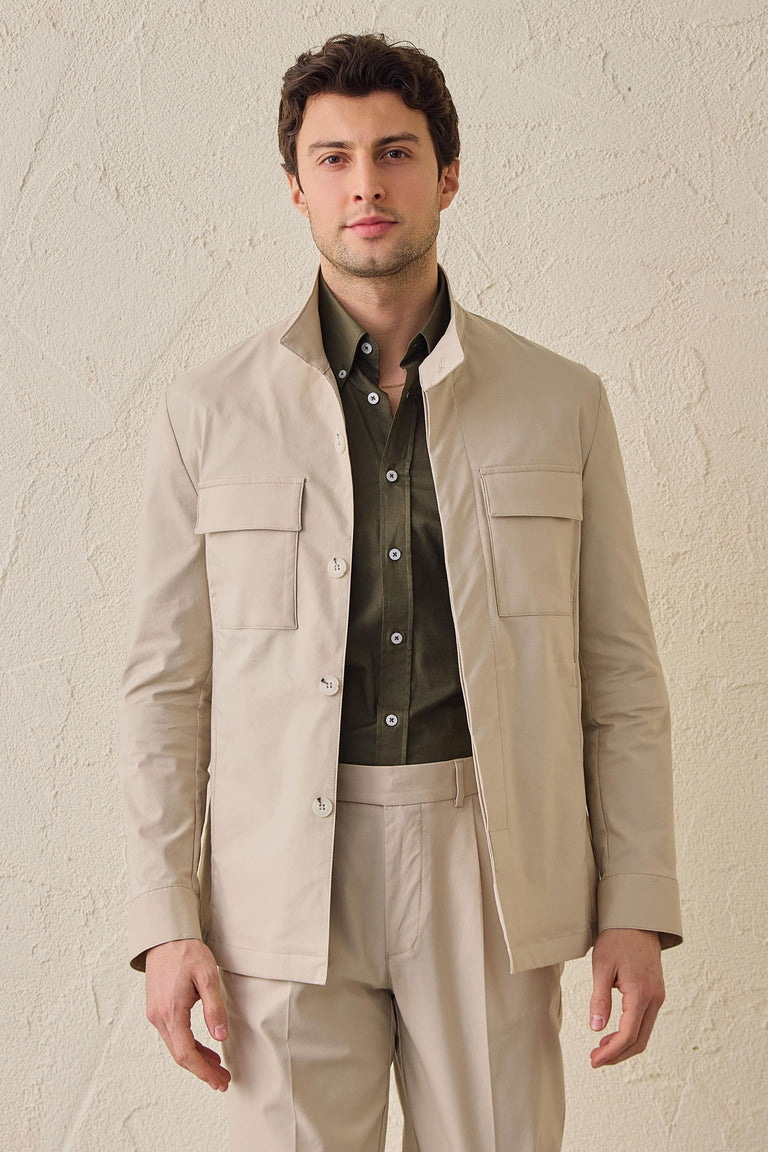 Beige Herren-Utility-Jacke, leichte Baumwollmischung, elegante Freizeitjacke
