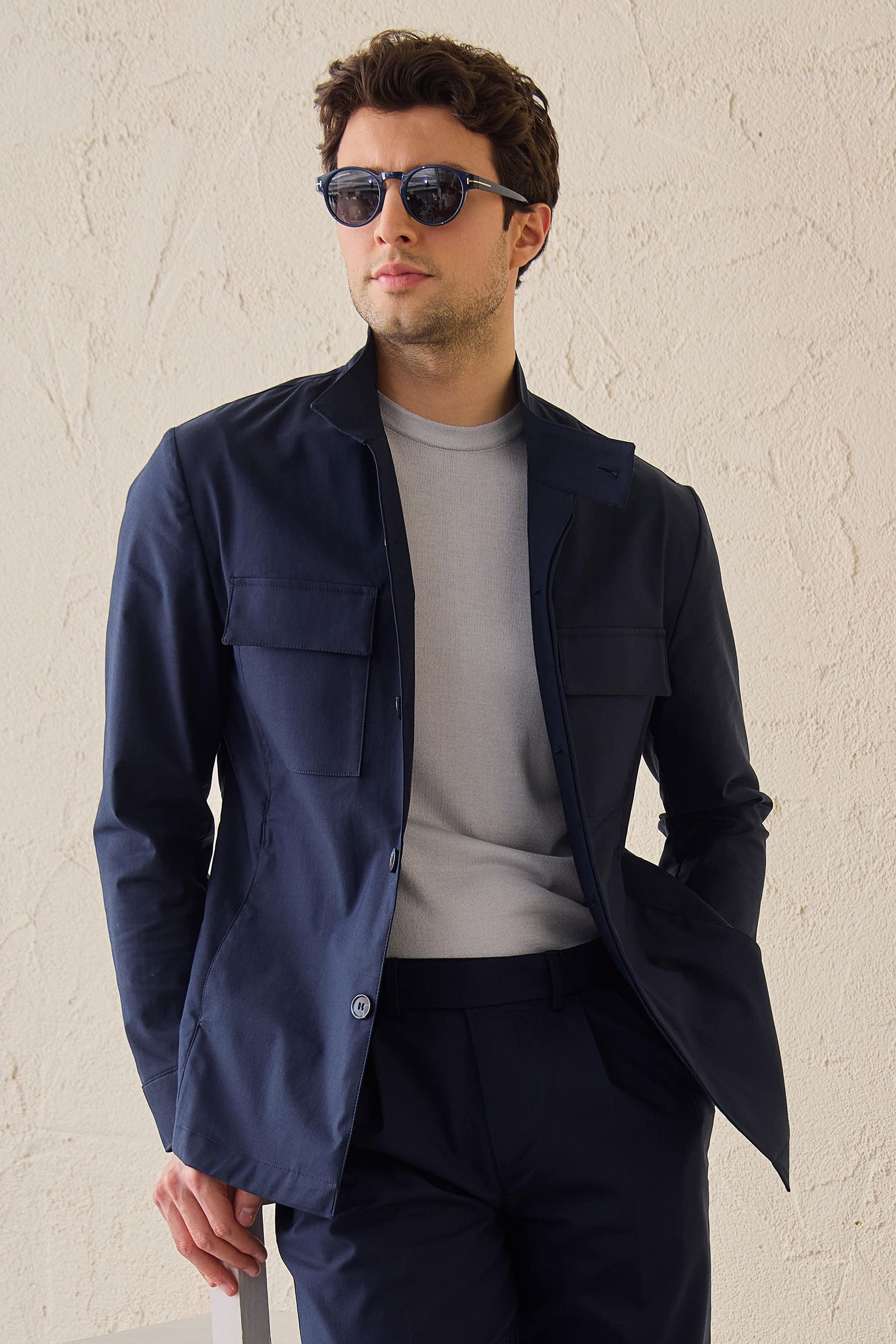 Herren-Utility-Jacke in Marineblau, leichte Baumwollmischung, elegante Freizeitjacke