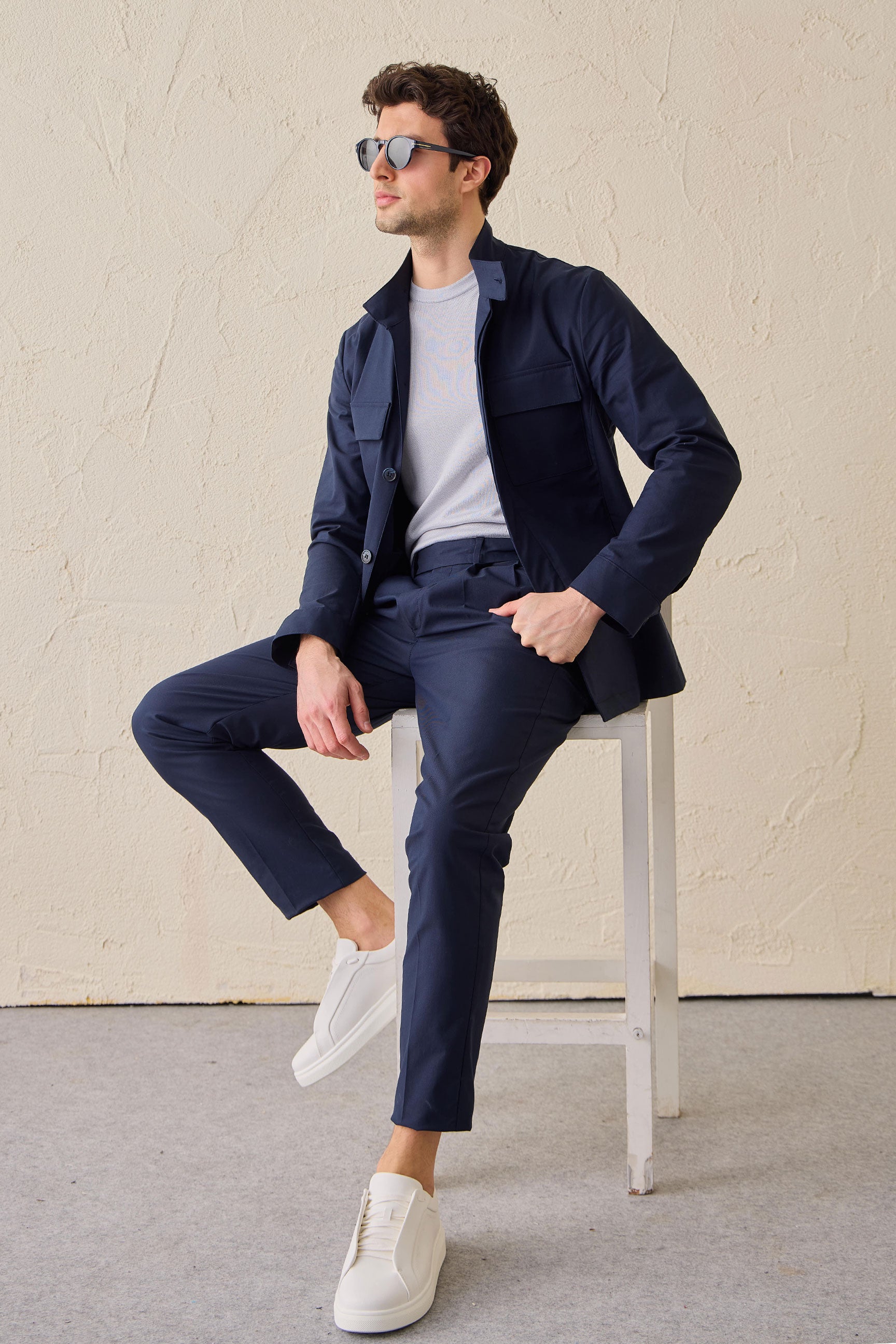 Herren-Utility-Jacke in Marineblau, leichte Baumwollmischung, elegante Freizeitjacke