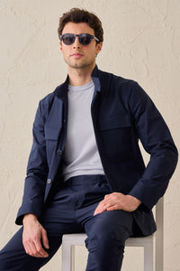 Herren-Anzug, marineblau, elegant-lässig, 2-teilig, Safari-Stil, Stehkragen, Stretch-Set