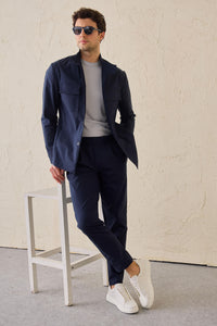 Herren-Anzug, marineblau, elegant-lässig, 2-teilig, Safari-Stil, Stehkragen, Stretch-Set