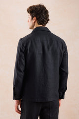 Schwarzer Leinenanzug für Herren, elegant-lässig, zweiteilig, mit Reißverschluss vorne, Safari-Stil, Sommer
