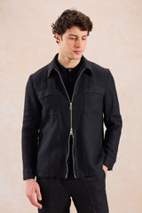 Schwarzer Leinenanzug für Herren, elegant-lässig, zweiteilig, mit Reißverschluss vorne, Safari-Stil, Sommer