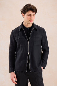 Schwarzer Leinenanzug für Herren, elegant-lässig, zweiteilig, mit Reißverschluss vorne, Safari-Stil, Sommer