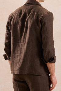 Herren-Leinenanzug, zweiteilig, elegant-lässig, aus braunem Leinen, mit Reißverschluss vorne, im Safari-Stil, Sommer