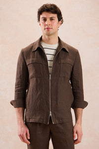 Braune Leinenhemdjacke für Herren mit Reißverschluss, leichtes Sommer-Overshirt