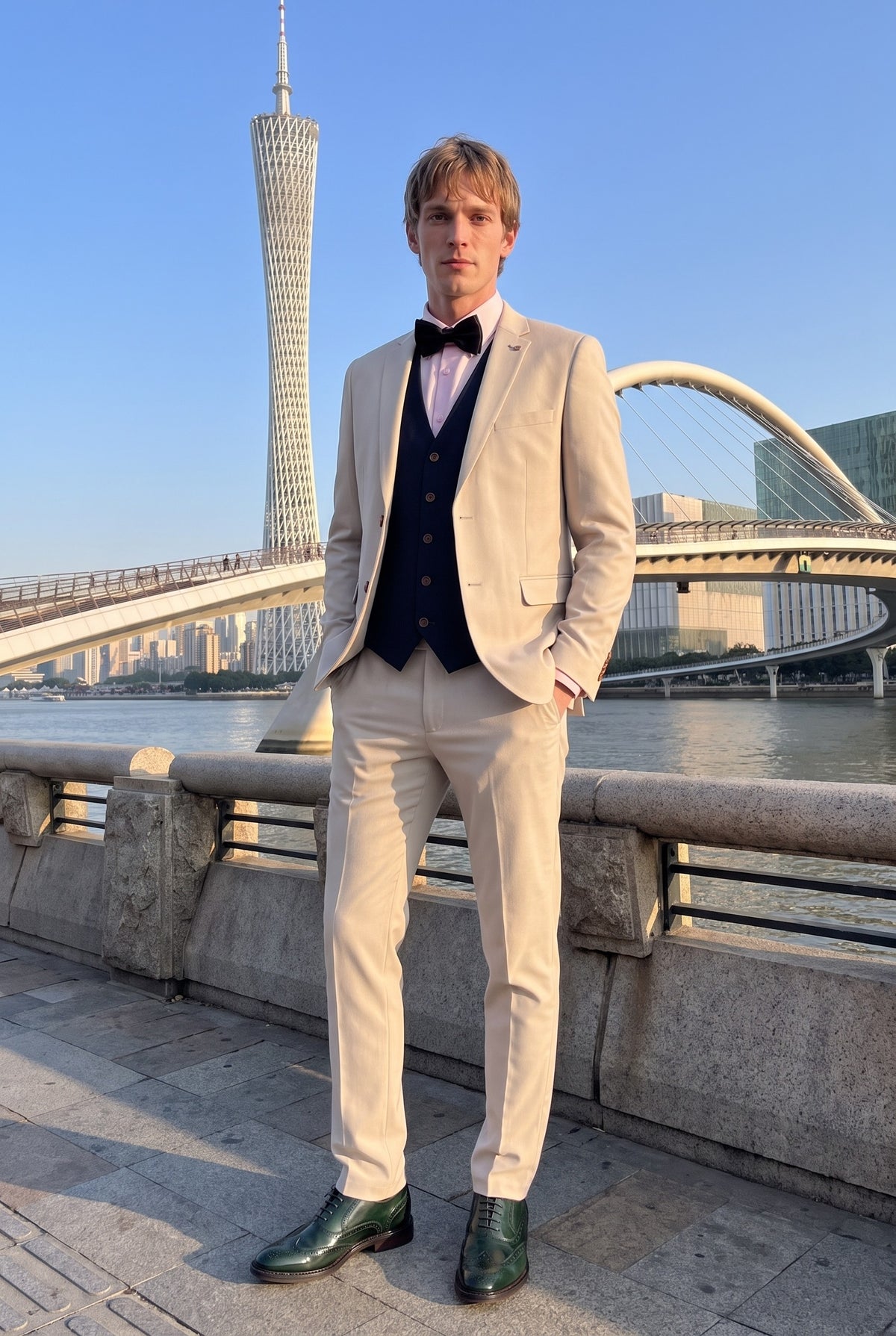 Look #999 styled with Mayfair – 3-teiliger cremefarbener Herrenanzug mit marineblauer Weste