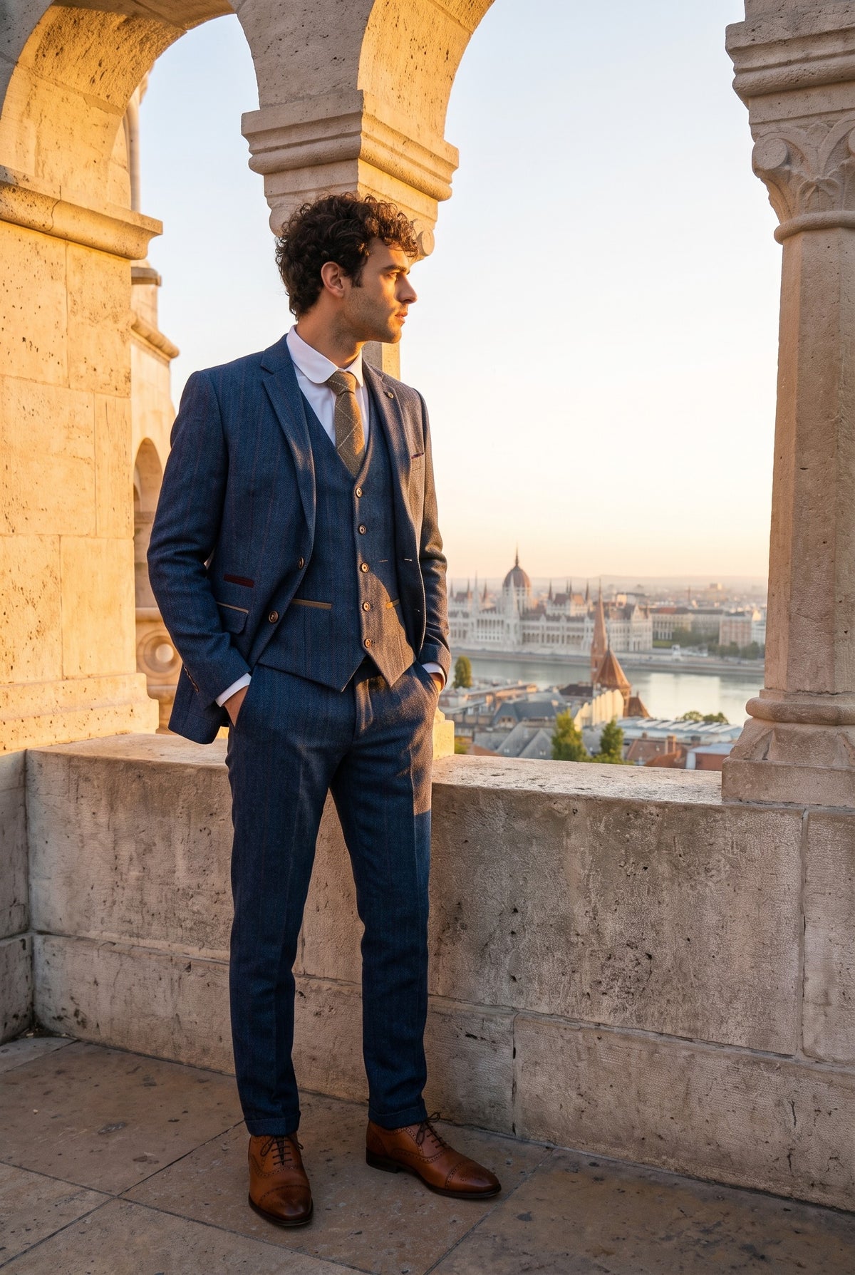 Look #365 styled with Scott Herrenanzug, dreiteilig, Tweed, kariert, blau