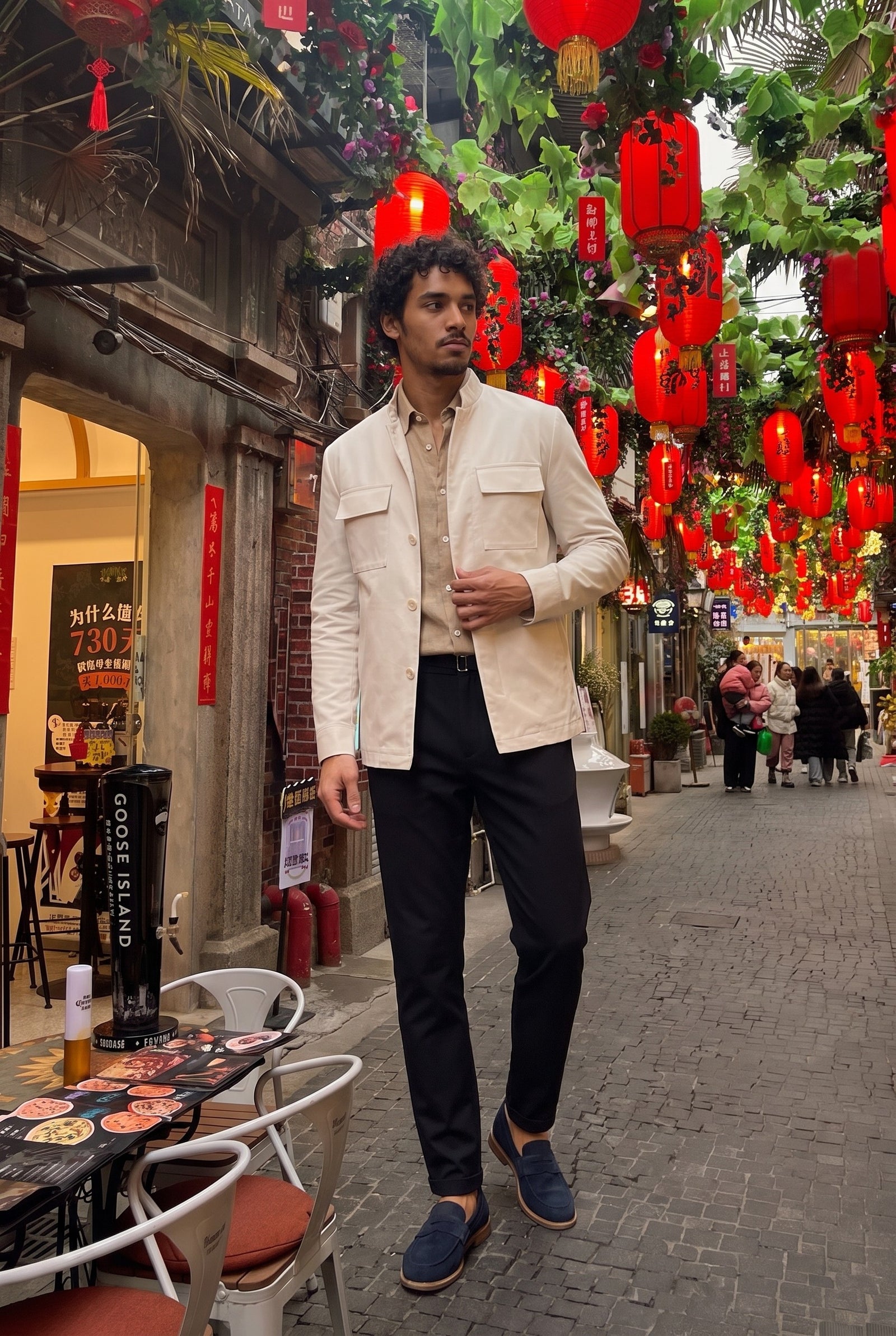 Look #851 styled with Weiße Herren-Utility-Jacke, leichte Baumwollmischung, elegante Freizeitjacke