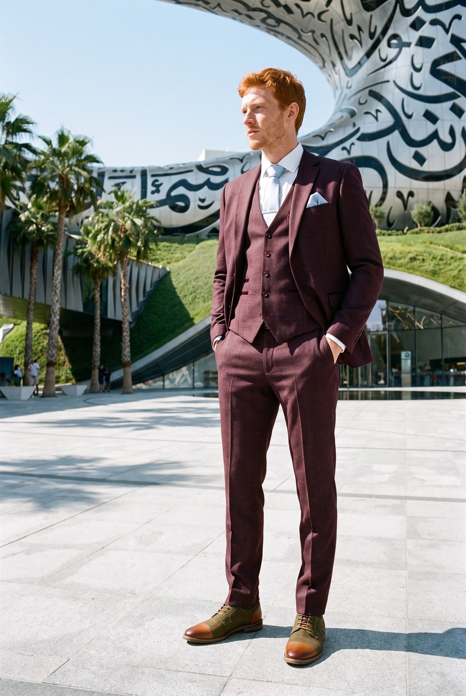 Look #286 styled with Regent - Weinroter 3-teiliger Prince of Wales-Karoanzug für Herren