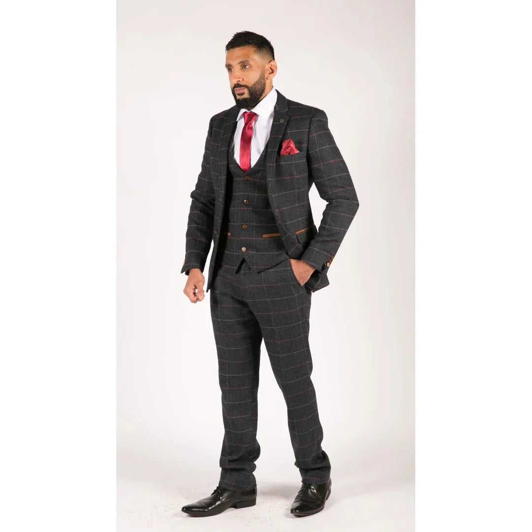 Herrenanzug, Marineblau, Weinrot, Fischgrätenmuster, Tweed, Vintage, 3-teilig, Neu, Marc Darcy