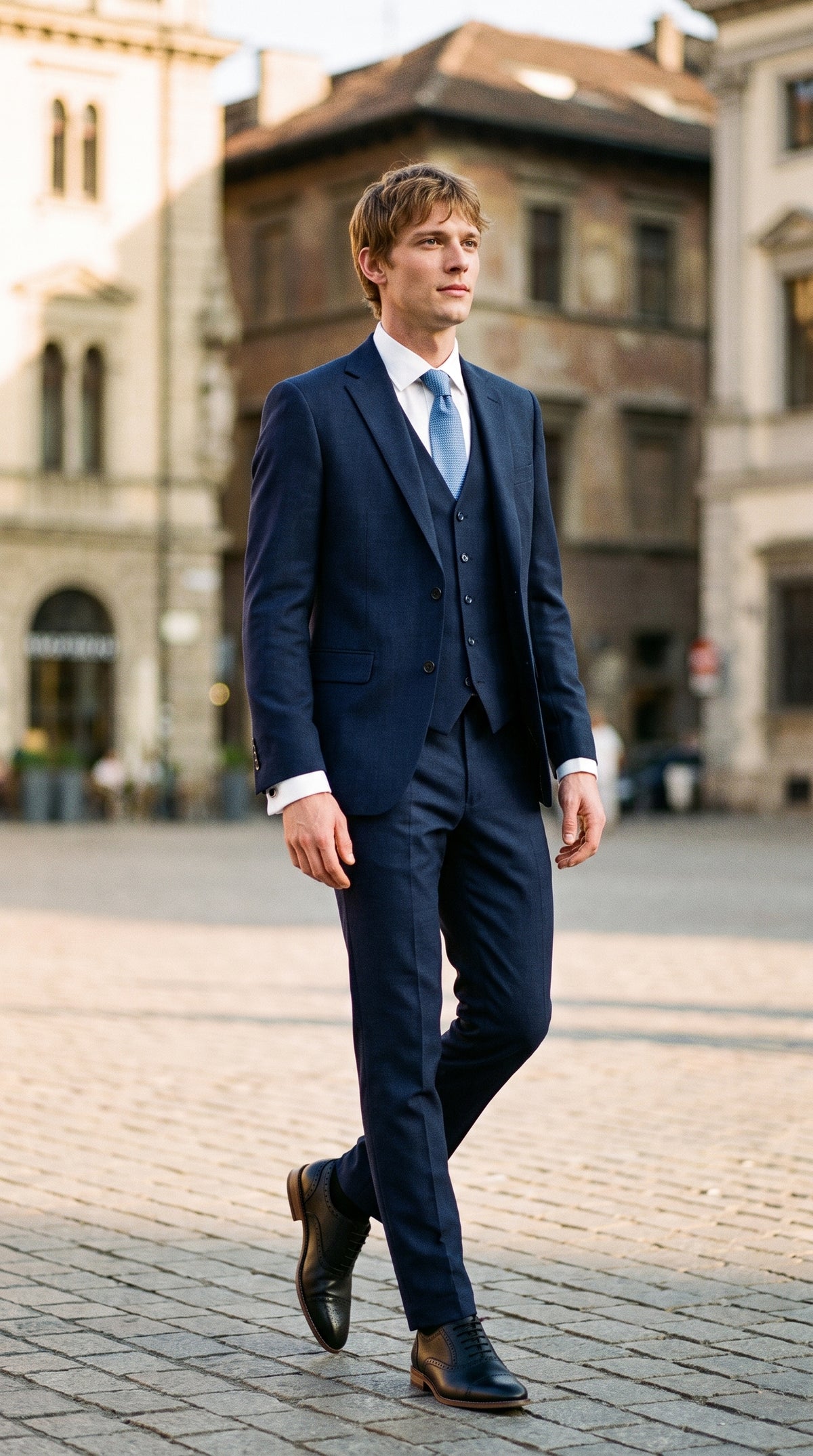 Look #822 styled with James – Marineblauer 3-teiliger Anzug aus Wolle im Tailored Fit für Herren