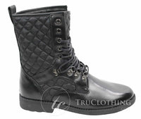 Mens Black Leather Lined Italian Boots Laced Casual Diamond Design