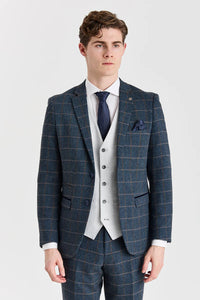 Harris-Tweedanzug in Marineblau mit kontrastierender Belmont-Weste in Silber