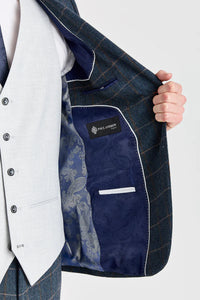 Harris-Tweedanzug in Marineblau mit kontrastierender Belmont-Weste in Silber