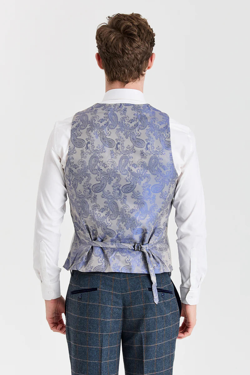 Harris-Tweedanzug in Marineblau mit kontrastierender Belmont-Weste in Silber