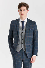 Marineblauer Tweedanzug von Harris mit kontrastierender grauer Tweedweste von Harris